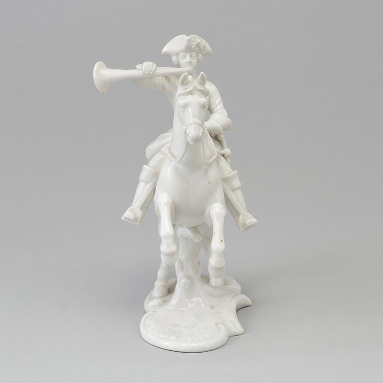 A white glazed Nymphenburg porcelain figure of a huntsman, Germany 20th Century.