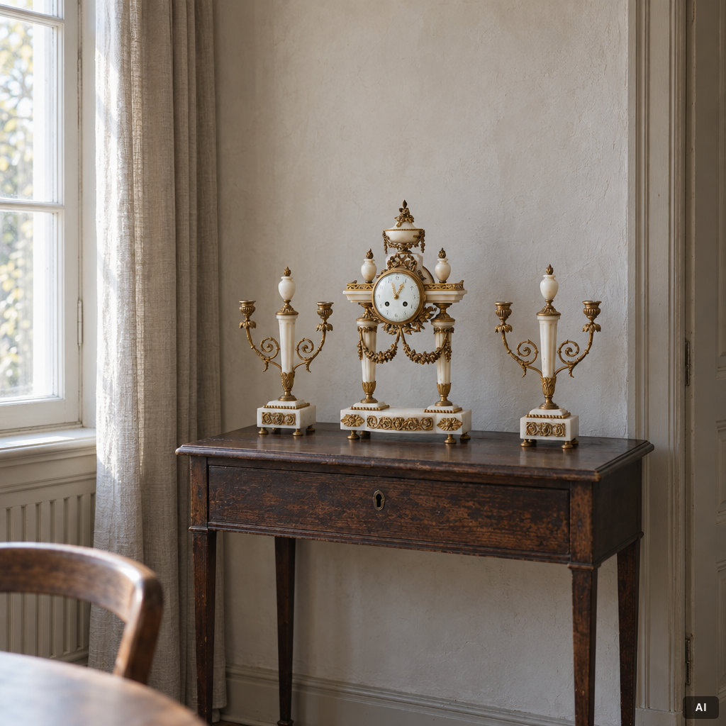 A Louis XVI-style mantle clock and a pair of candelabras. Early 20th century.