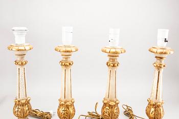 Four mid 20th century wood table lamps by Paoletti, Firenze Italy.