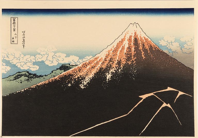 Katsushika Hokusai, efter, färgträsnitt, 5 stycken, 1900-talets andra hälft.