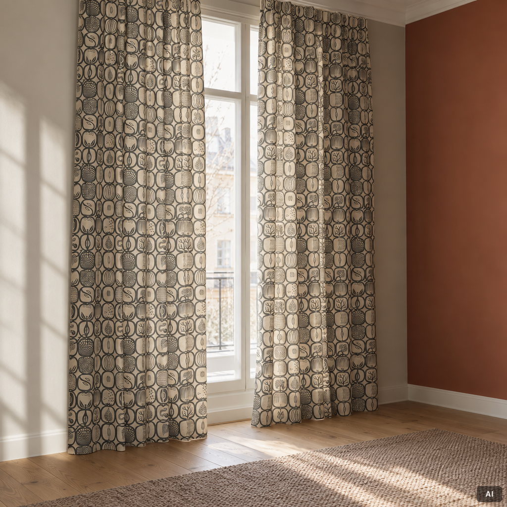 Stig Lindberg, Curtains, 6 lengths, in the “Fruktlåda” pattern.