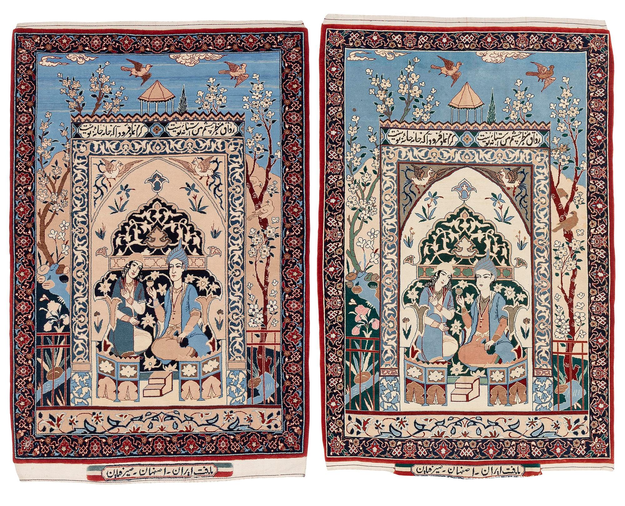 Mattor, ett par, figurala, Isfahan, centrala Persien, signerade (Mohammad) Seirafian, ca 120 x 77 resp 114 x 74 cm.