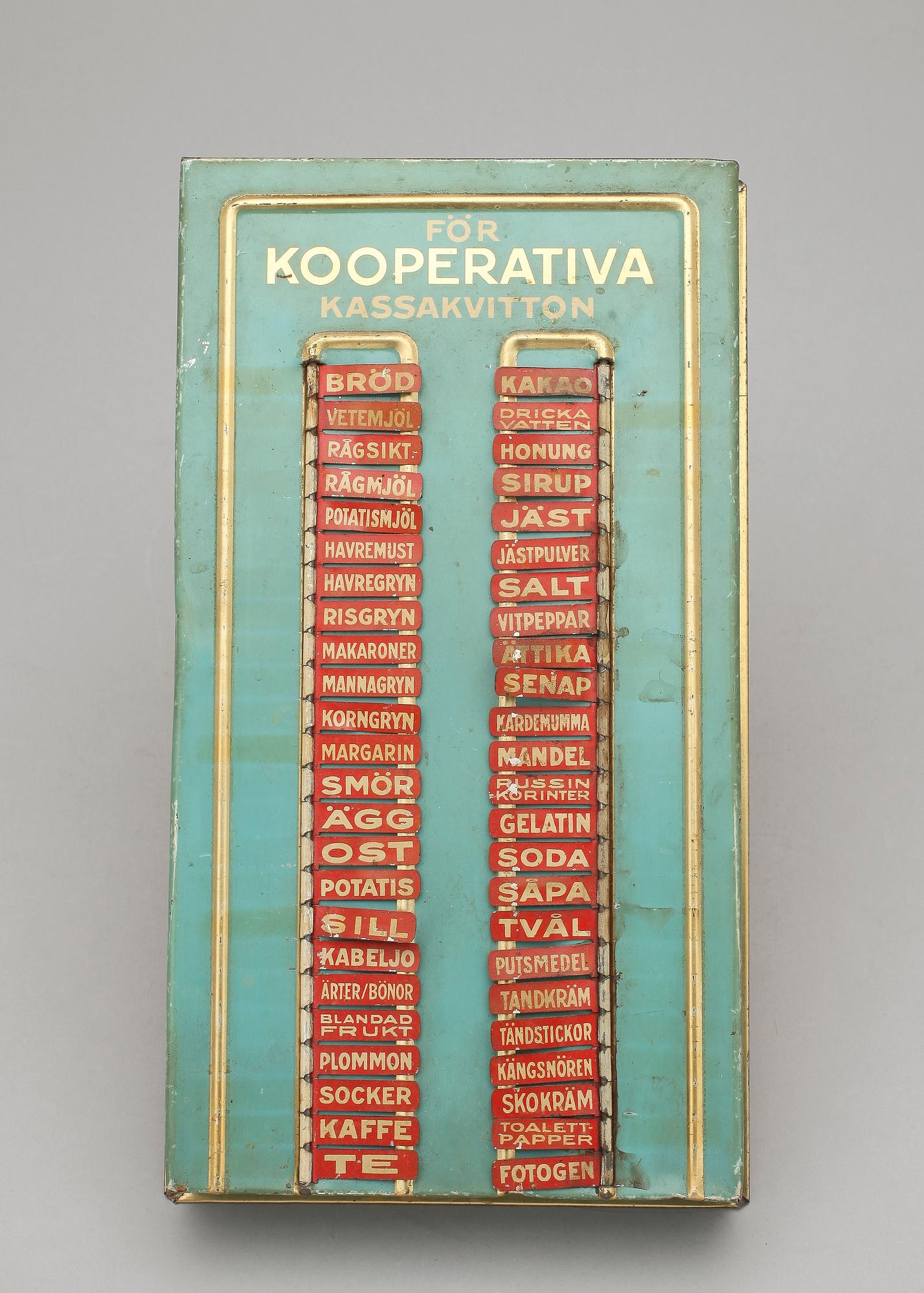 INKÖPSTAVLA TILL HUSHÅLLET, plåt, 1930/40-tal.