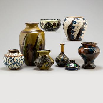 HERMAN AUGUST KÄHLER, eight vases and bowls, ceramics, Denmark, early 20th century.