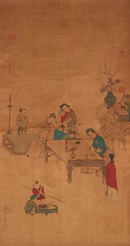 988. A Chinese scroll painting, ink and colour on silk laid on paper, late Qing dynasty/early 20th Century.