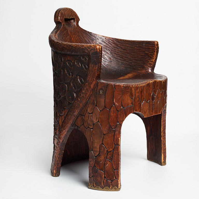 Gustaf Fjaestad, a pair of Art Nouveau carved pine chairs "stabbestolar", Arvika Sweden 1908-09.