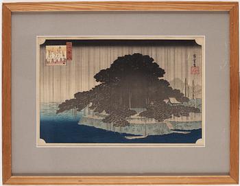 UTAGAWA HIROSHIGE (1797-1858), efter, färgträsnitt. Japan, "Night Rain at Karasaki", sent 1800-tal/tidigt 1900-tal.