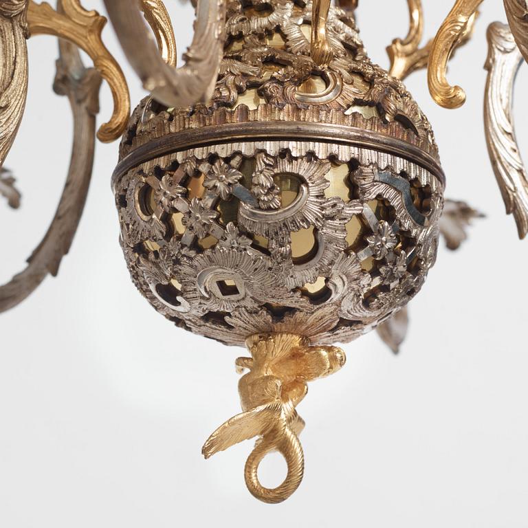 Carl Edberg's Masterpiece, a Swedish rococo silvered and gilt-brass six-light chandelier, circa 1755.