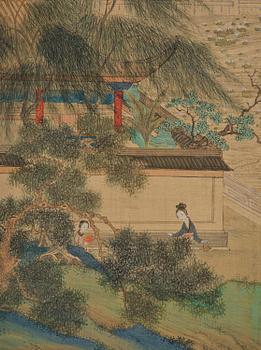 A Chinese scroll painting, ink and colour on silk, late Qing dynasty after Qiu Ying.