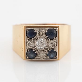 Ring, cocktail ring, Evert Lindberg. 18K gold with old-cut and brilliant-cut diamonds and sapphires.