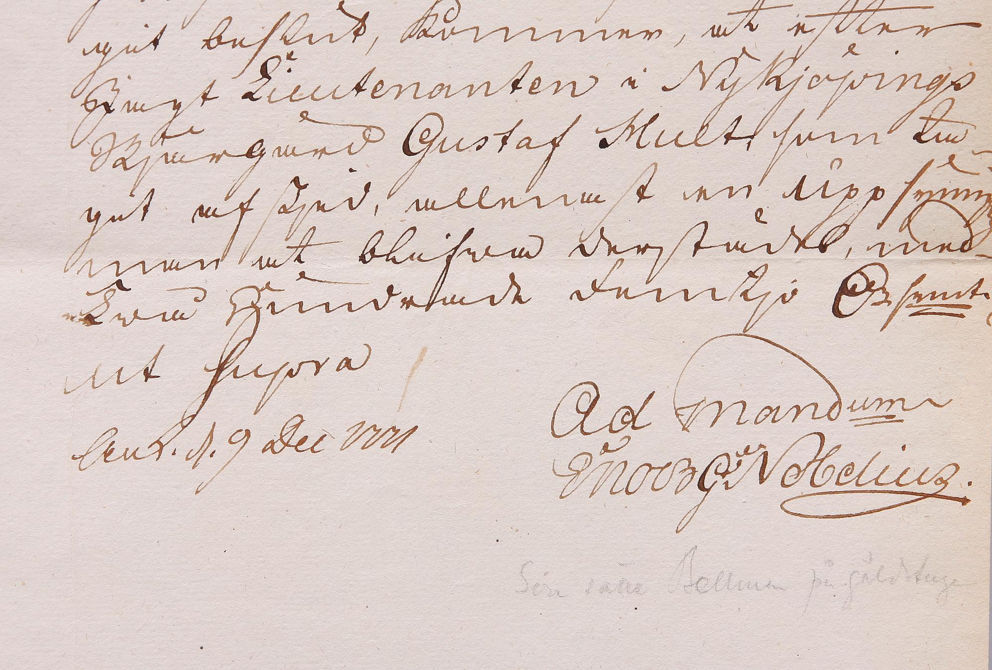 PROTKOLLSUTDRAG MED AUTOGRAF, Enoch Nobelius (1730-1799), sign o dat 1771.