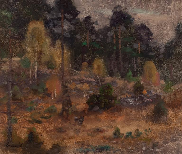 Lindorm Liljefors,Höstlandskap med jägare och hund.