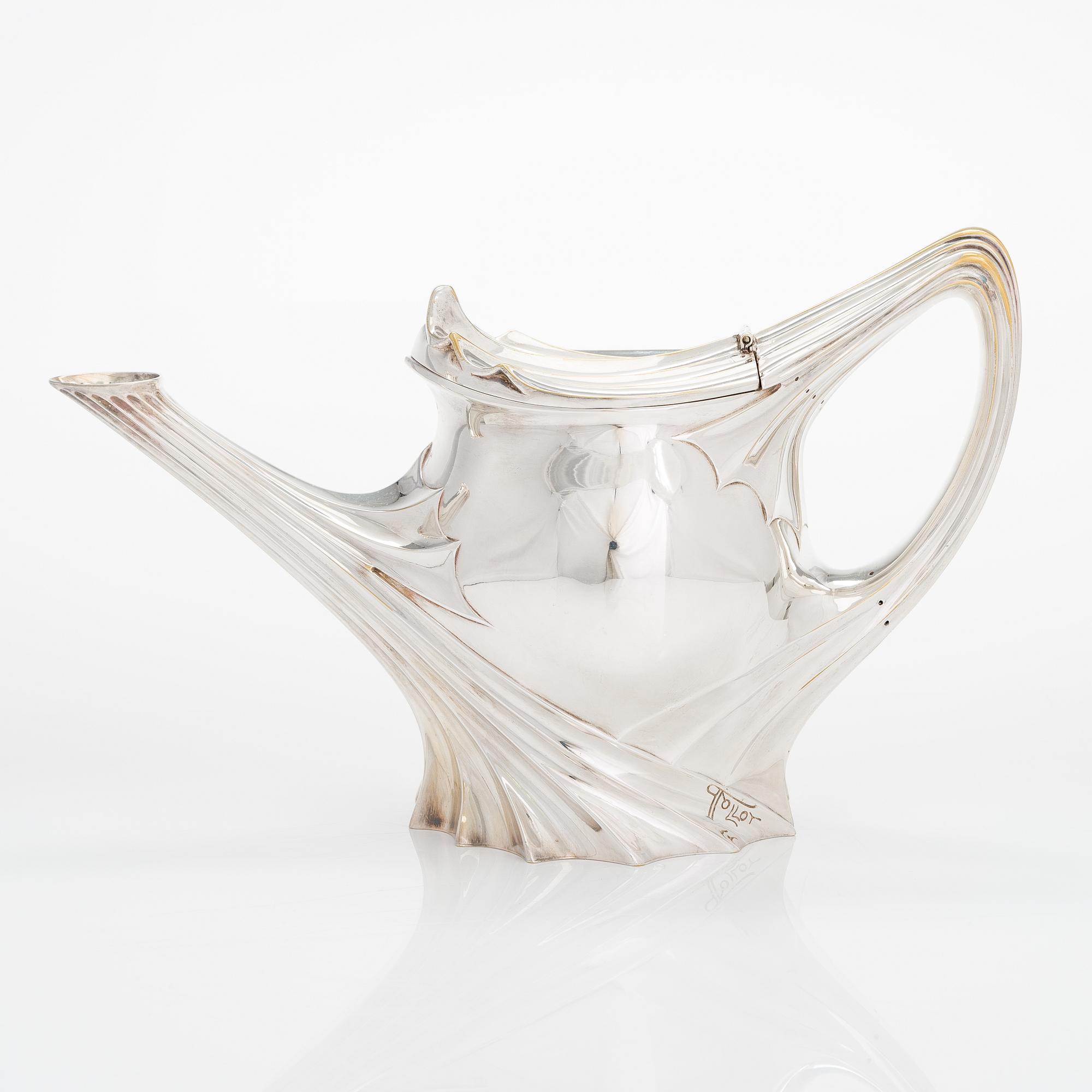 Paul Follot, teservis, försilvrad mässing, art nouveau, Frankrike tidigt 1900-tal.