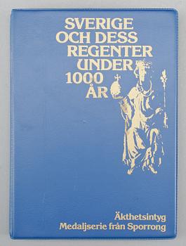 MEDALJSAMLING, 60 st, silver, "Sverige och dess regenter under 1000 år", Sporrong AB 1976-79. Silvervikt ca 2800 gram.