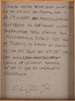 Christian Schmidt-Rasmussen, "Kampen mellom det gode og det onde gikk for seg som det pleide her i år 17.006.971. Fredsklovnen Olof Palme og den...".