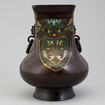 A japanese bronze vase with cloisonné, Meiji period (1868-1912).