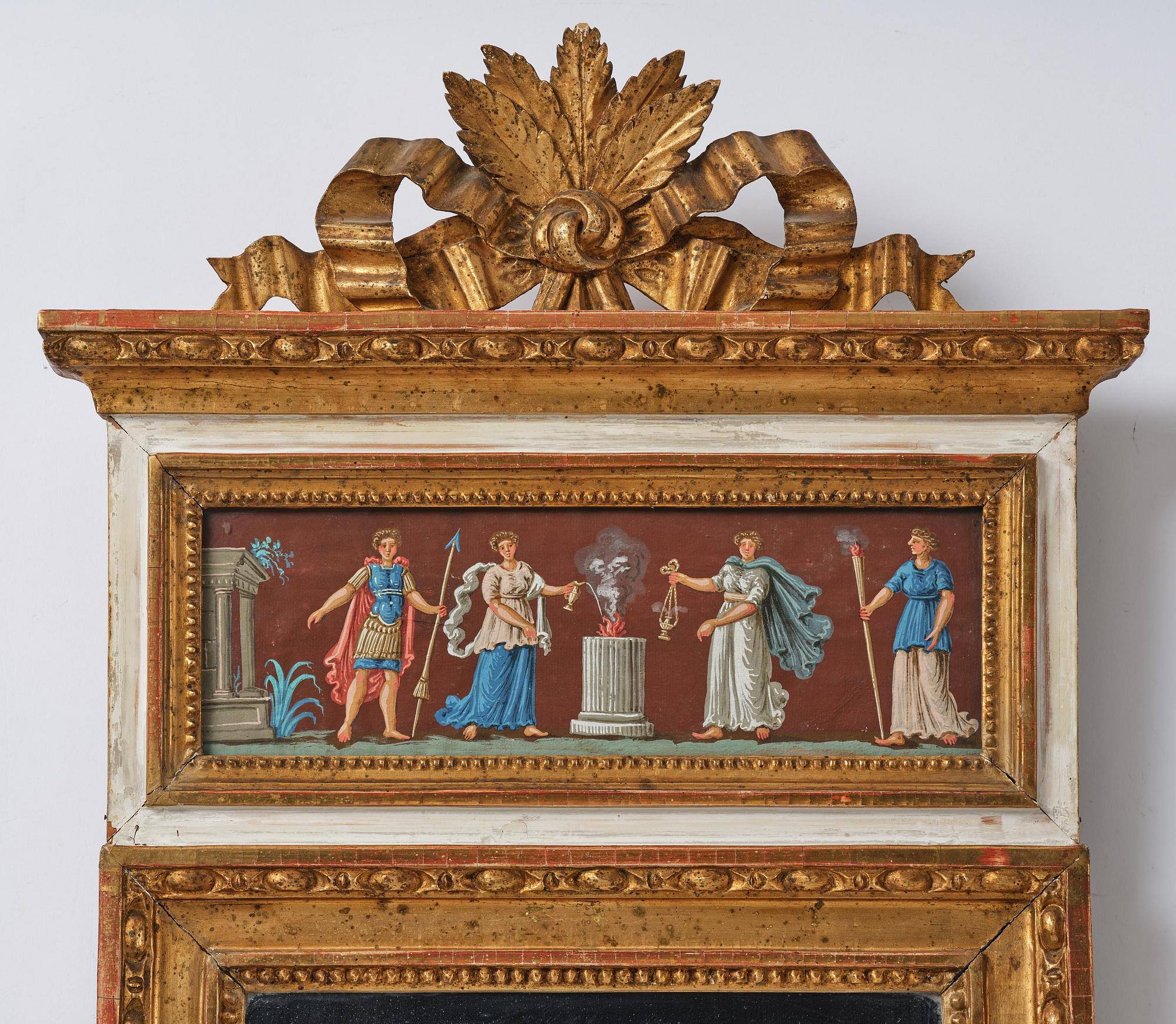 A pair of late Gustavian giltwood and gouache-inset mirrors, Stockholm, late 18th century.