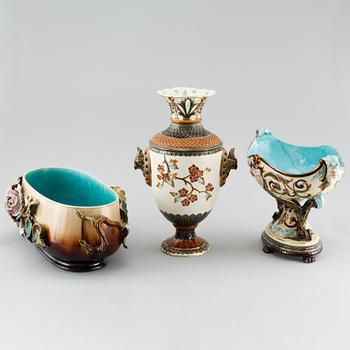 A majolica vase, a flower pot and a jardiniere from Rörstrand, around the year 1900.