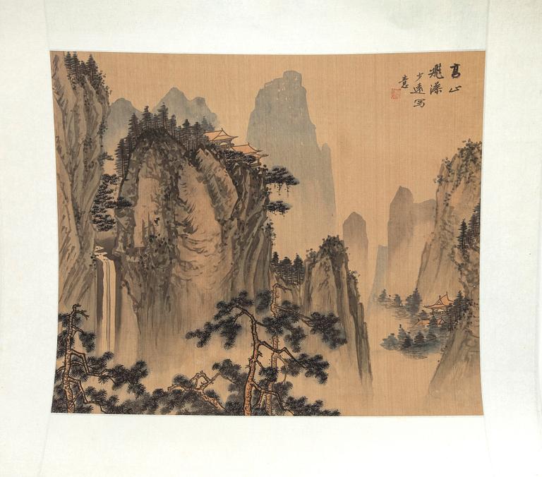 Four Chinese paintings, ink and colour on silk, 20th century, signed.