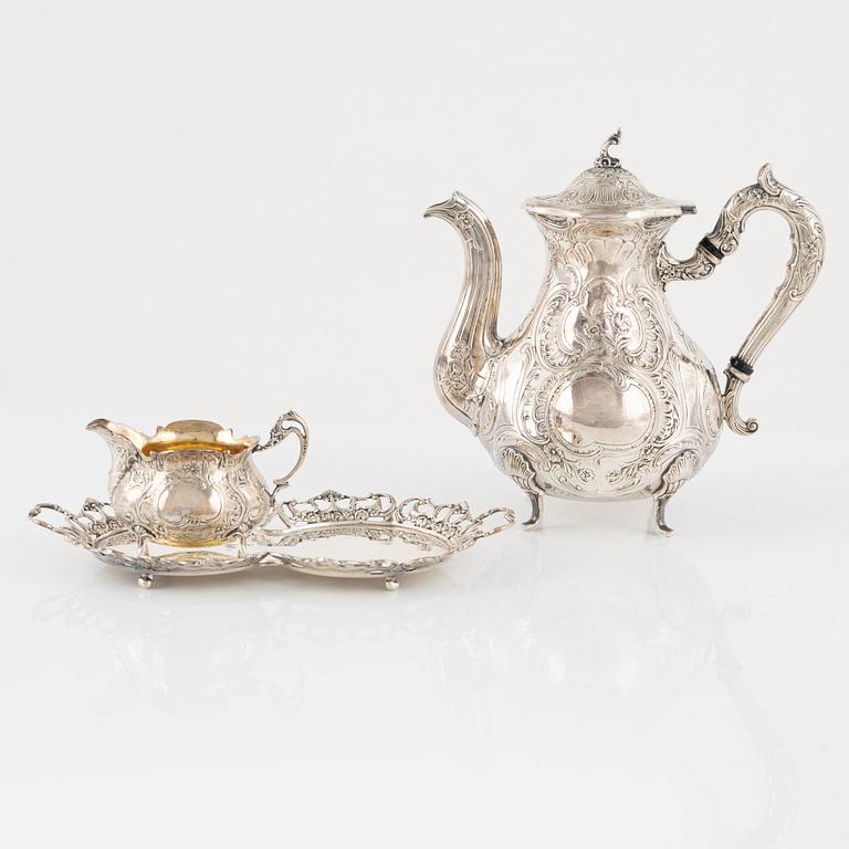 A Swedish Silver Coffee Pot, Creamer and Tray, mark of Gewe Silvervarufabriken Ab, Malmö 1960-67.