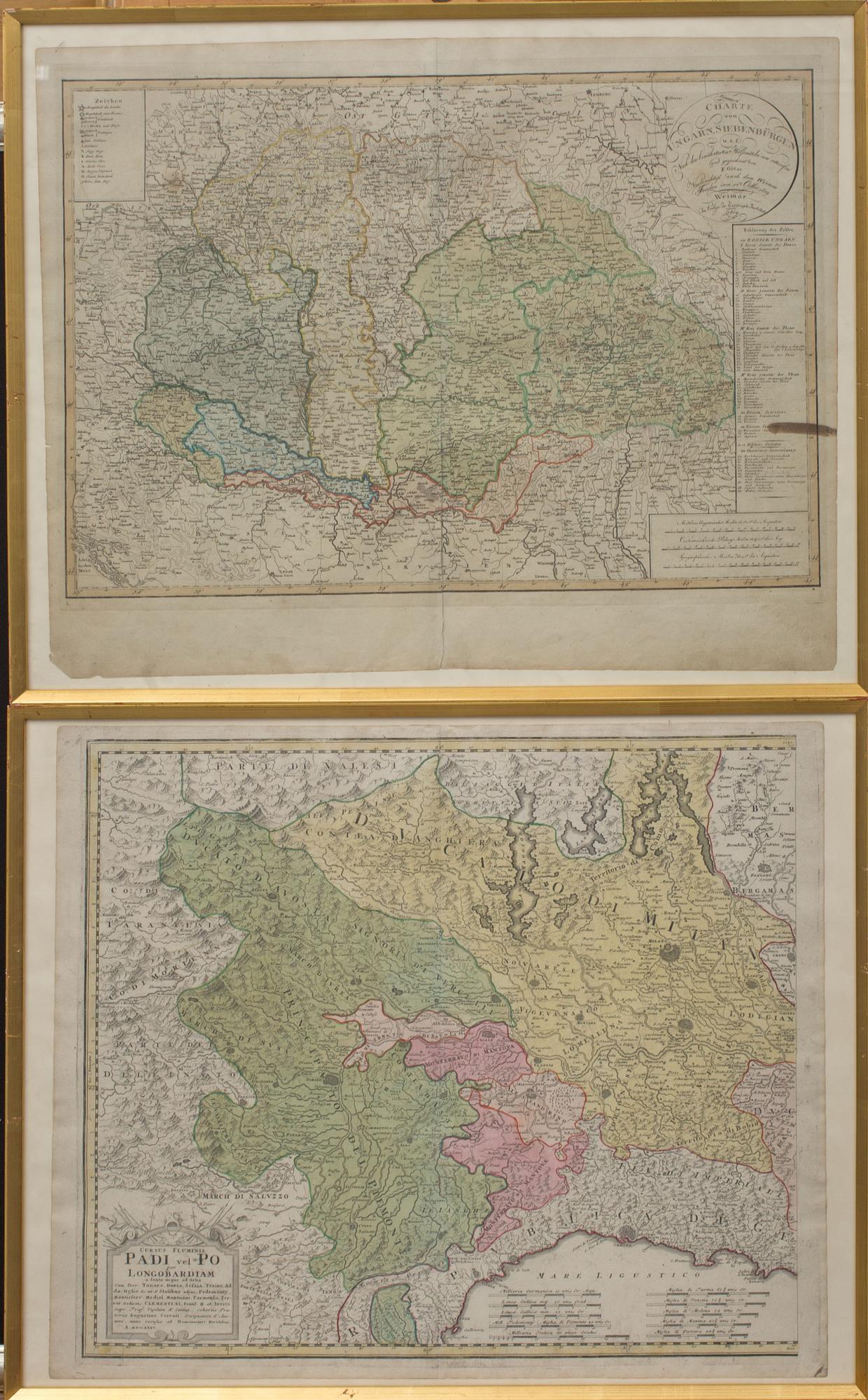KARTOR, 2 st, kolorerade, "Longobardiem" 1735 resp. "Ungarn Siebenbürgen" .