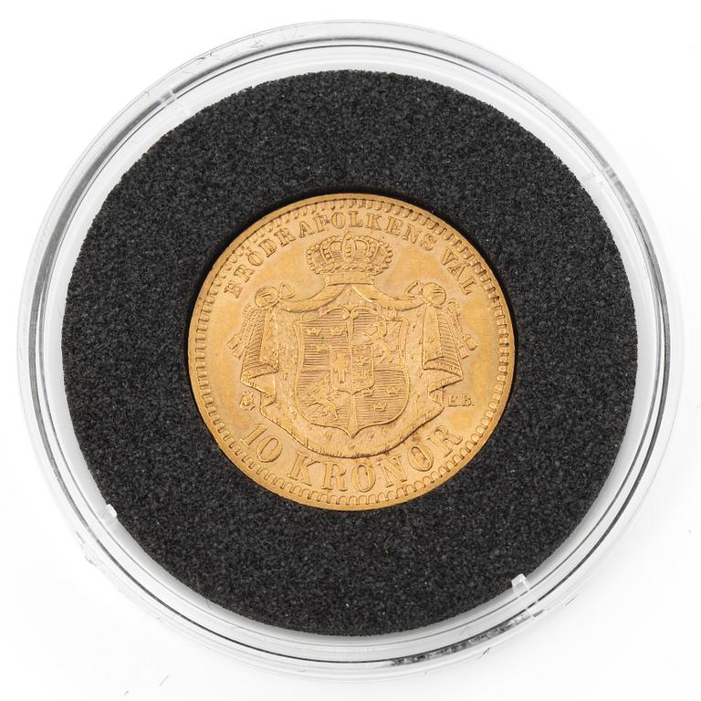 Guldmynt, Sverige, Oscar II, 10 kronor, Typ III, 1901.