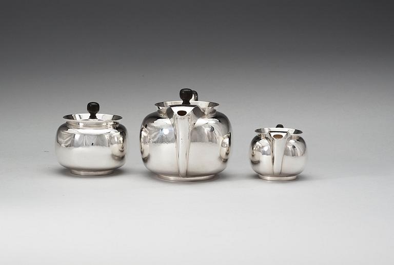 A Hans Hansen three pieces set of sterling tea service, Copenhagen 1930-36.
