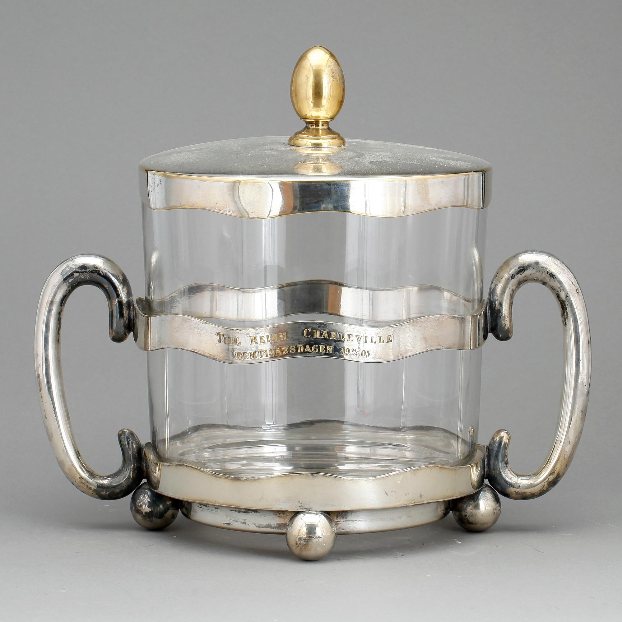 PUNSCHBÅL, försilvrad mässing samt glas, 1900-talets första hälft.