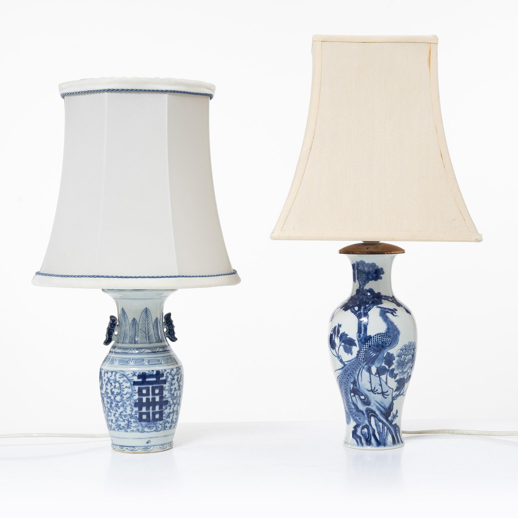 A set of two blue and white Chinese vases made in to lamps, late Qing dynasty, circa 1900.