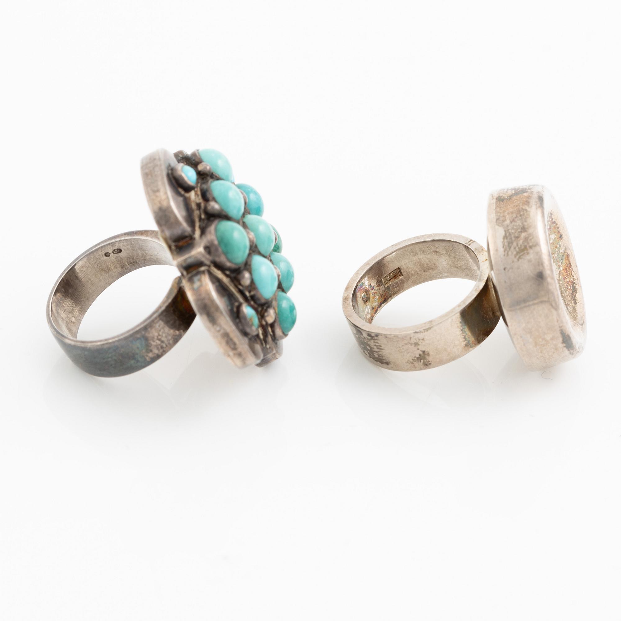 Two rings, silver with turquoise-coloured stones, KI Johansson, Gothenburg 1968 and Finland.
