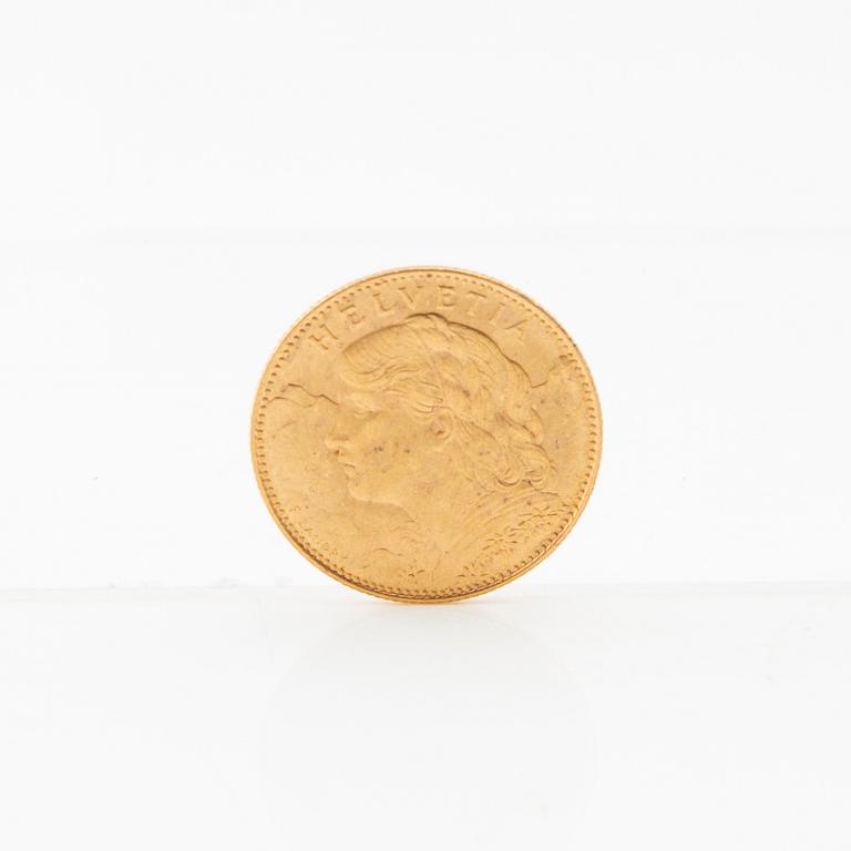 Gold coin 10 francs 1922 Switzerland.