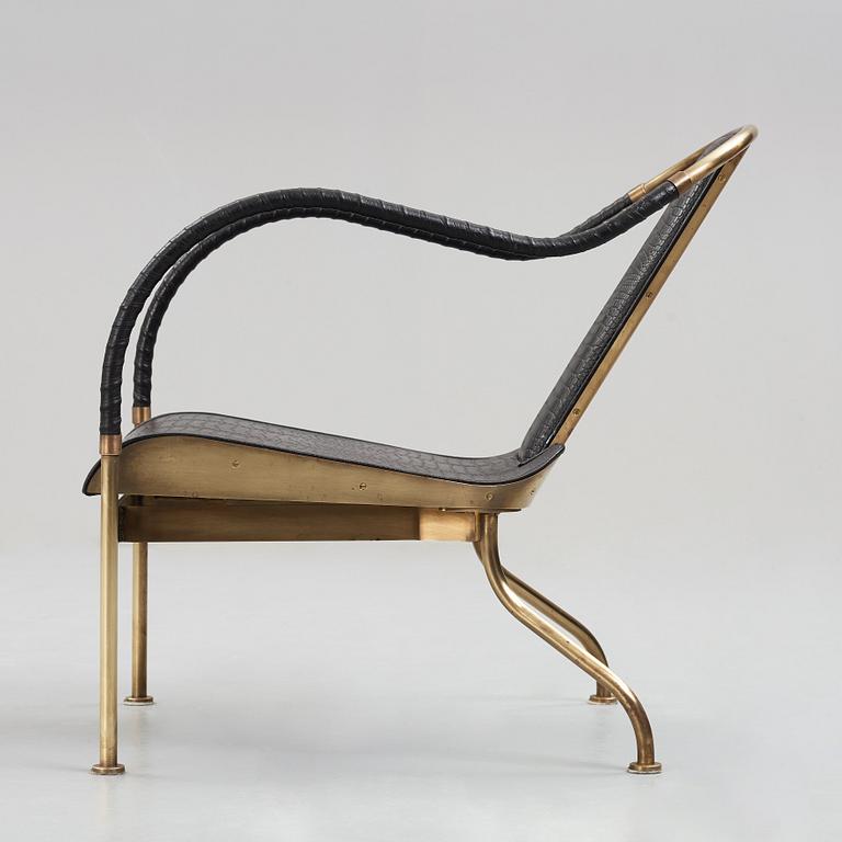 Mats Theselius, a brass and black leather el Rey chair, edition Källemo Sweden post 1999.