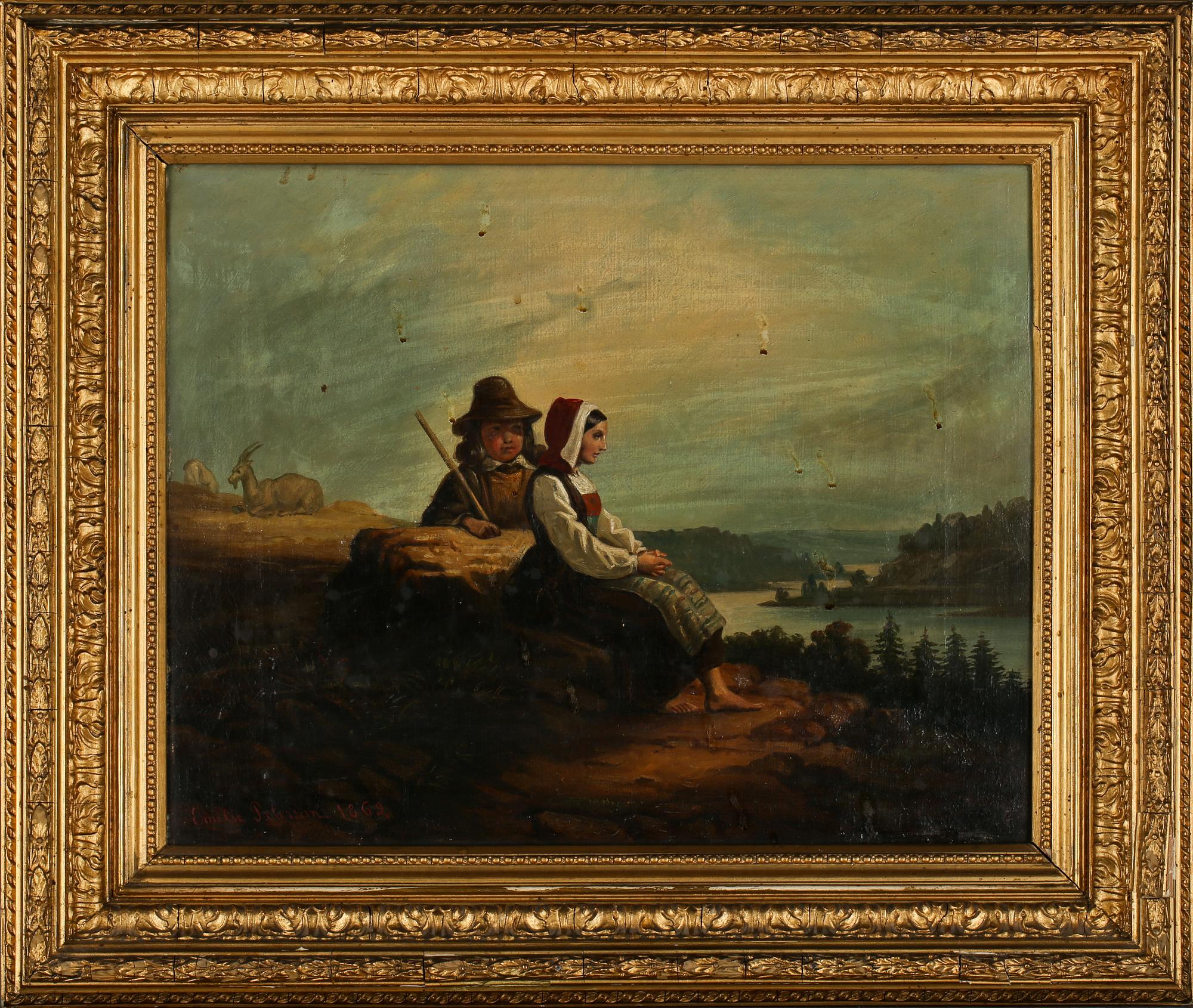 OKÄND KONSTNÄR, olja på duk, signerad Emelie Peterson, daterad 1869.