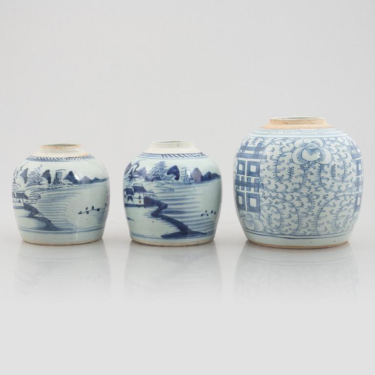 Three blue and white ginger jars, China, Qing dynasty, 19th century.