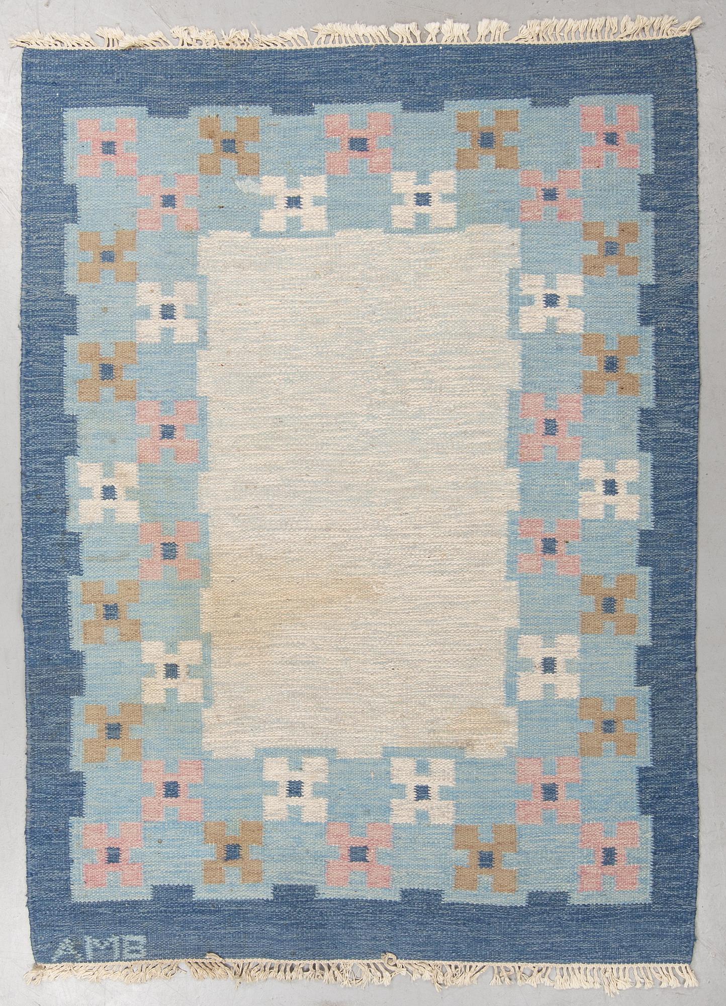 A carpet, flat weave, ca 237-240 x 172-174 cm, signed AMB, possibly designed by Anne Marie Boberg.