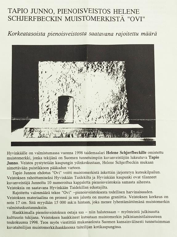 Tapio Junno, Pienoisveistos Helene Schjerfbeckin muistomerkistä "Ovi".