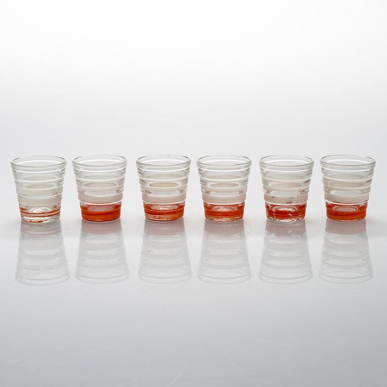 AINO AALTO, SNAPSGLAS, 6 st, Karhula, samt FLASKA, möjligen Karhula, 1930-1940-tal.