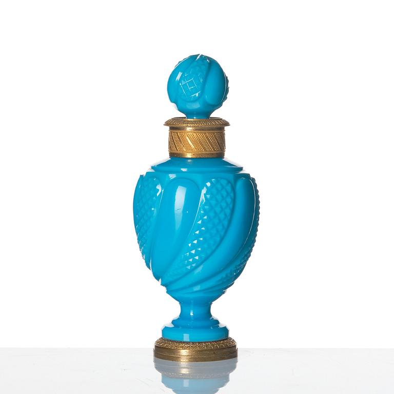 A turquoise opalin glass and gilt bronze perfume bottle with stopper, 19th Century.