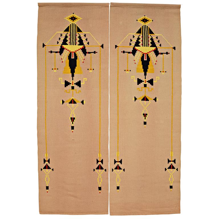 DRAPERIER, 1 par, slätväv, 224,5 x 75 respektive 223,5 x 75 cm, komponerade av Gösta Adrian-Nilsson (GAN).