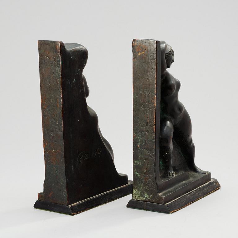 A pair of Axel Gute bronze book ends, 1929.