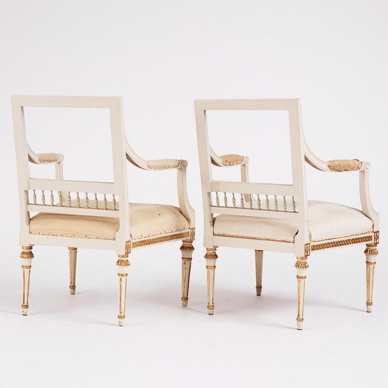 A pair of Gustavian open armchairs by J. Lindgren (master in Stockholm 1770-1800).