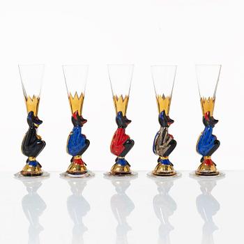 Gunnar Cyrén, snapsglas, 5 st, s.k. "djävulsglas", ur "Nobel" servisen, Orrefors.