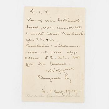 Handskrivet brevkort av Strindberg, 1902.