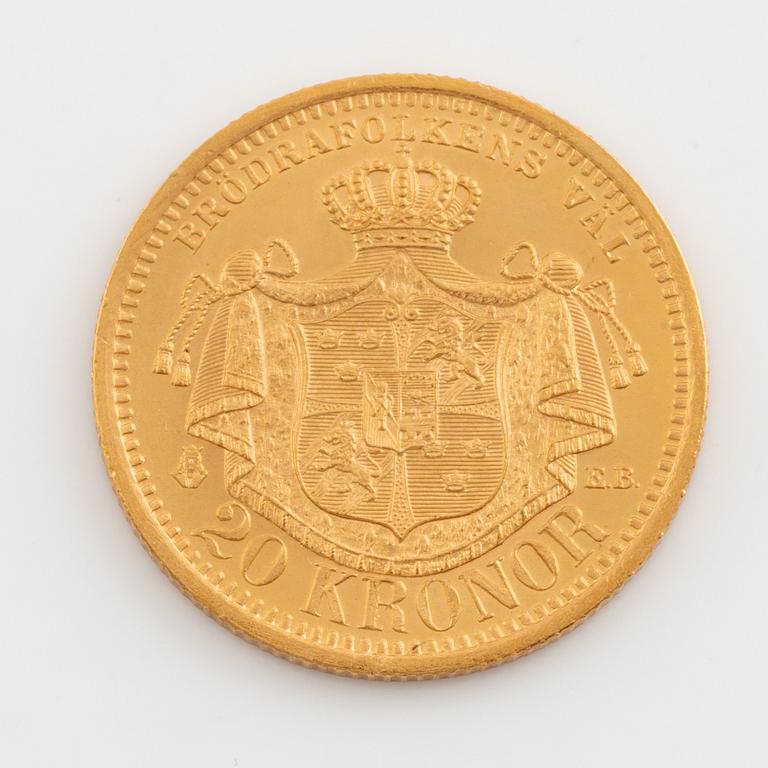 A Swedish goldcoin, 20 kronor, 1899.
