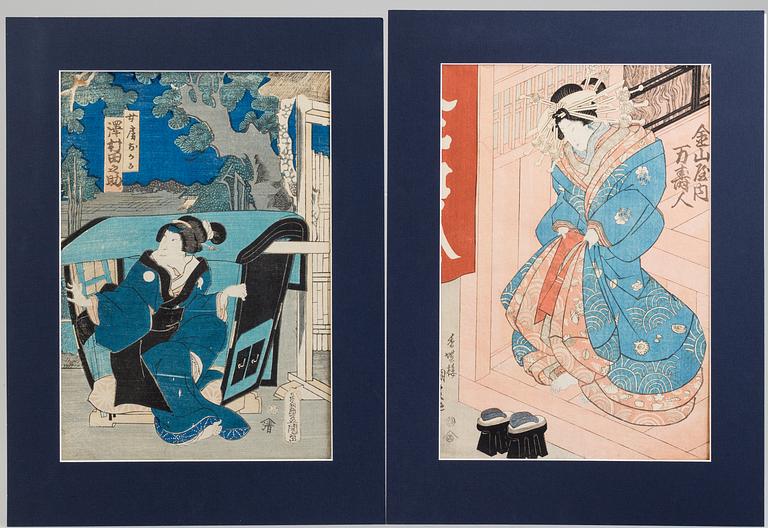 UTAGAWA KUNISADA, även kallad Toyokuni III (1786-1864) färgträsnitt, två stycken. Japan. "Skåderspelerskor", 1800-tal.