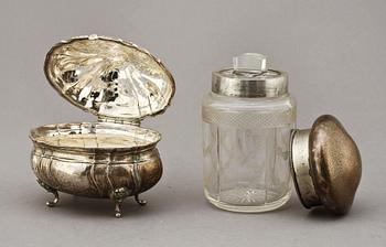 SOCKERSKRIN OCH SOCKERBURK, silver och glas, 1900-tal.