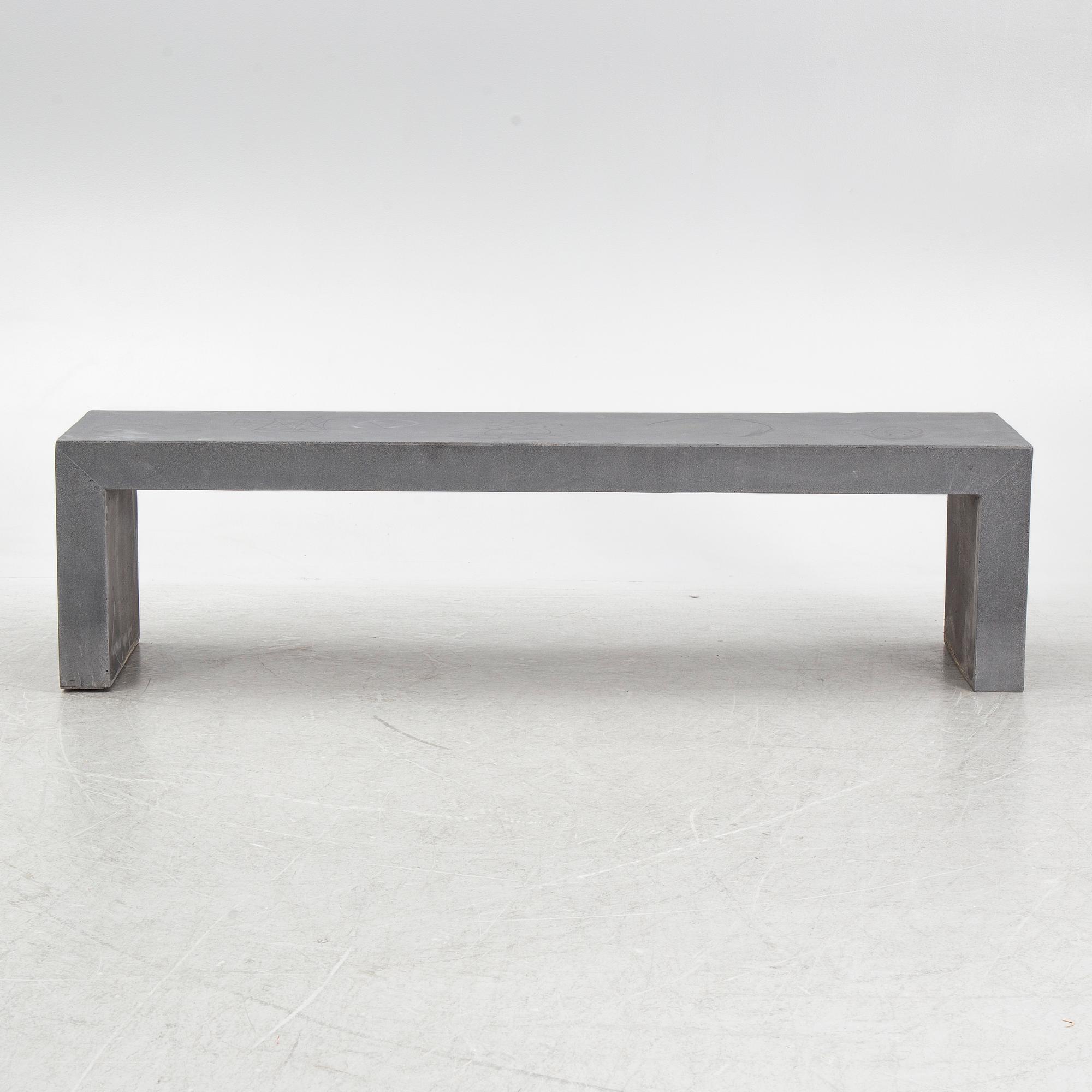 Garden bench, stools, and tall planter, contemporary manufacture.