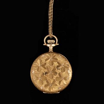 SAVONETTUR OCH KEDJA, dam, 14k resp 18k guld. Waltham Watch Co, USA, modell 1898, Ruby. Vikt 20,6 resp 10,9g.