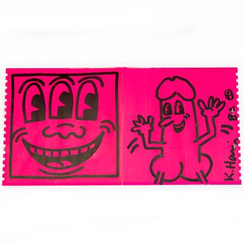 KEITH HARING, teckning på Shafrazi katalog, rosa fluroscerande papper, signerad och daterad - 82.