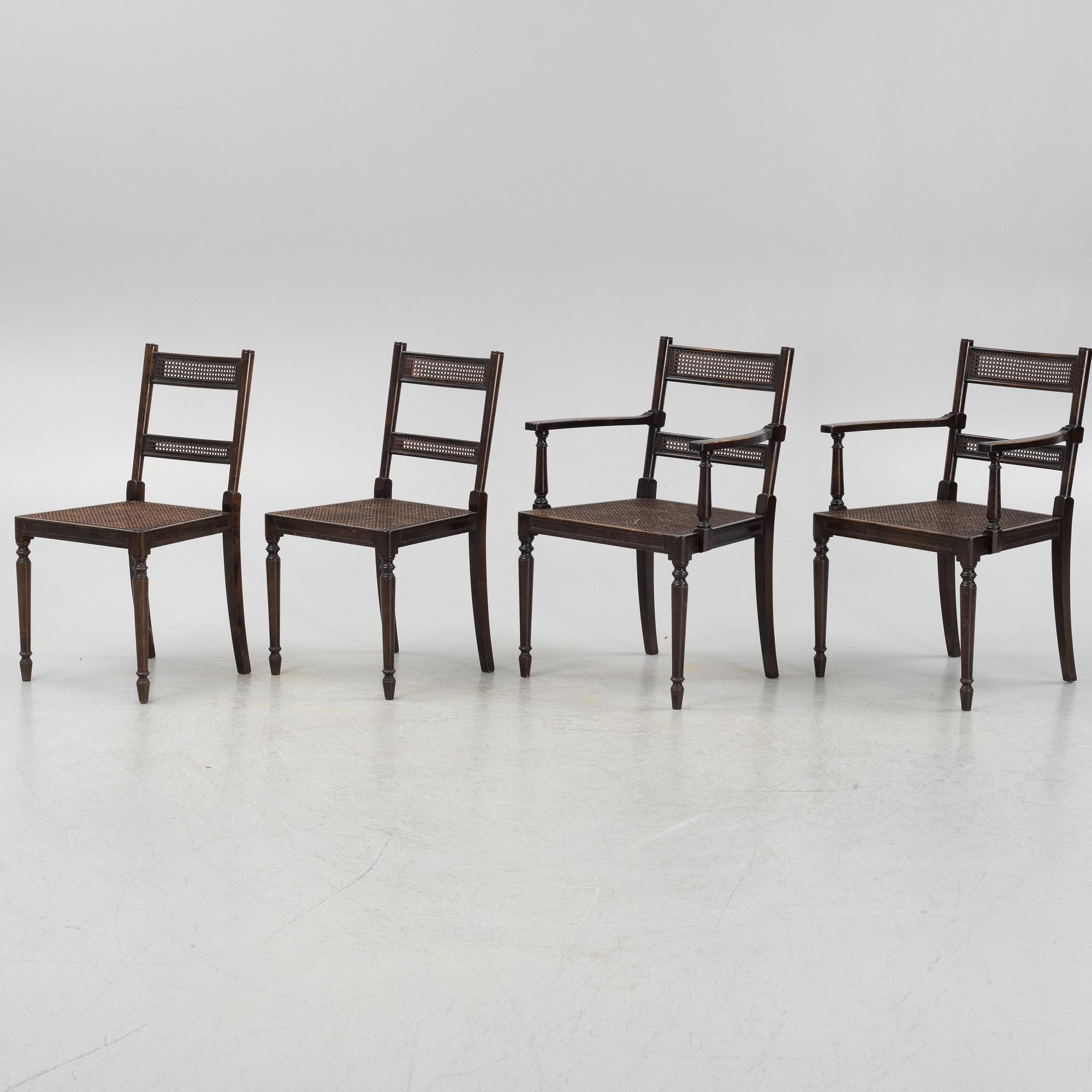 A pair of stained birch armchairs, and a pair of chairs, 'Harding' Nordiska Kompaniet, first half of the 20th Century.